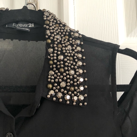 Cold Shoulder, Beaded Embellished Collared Top - Picture 2 of 2